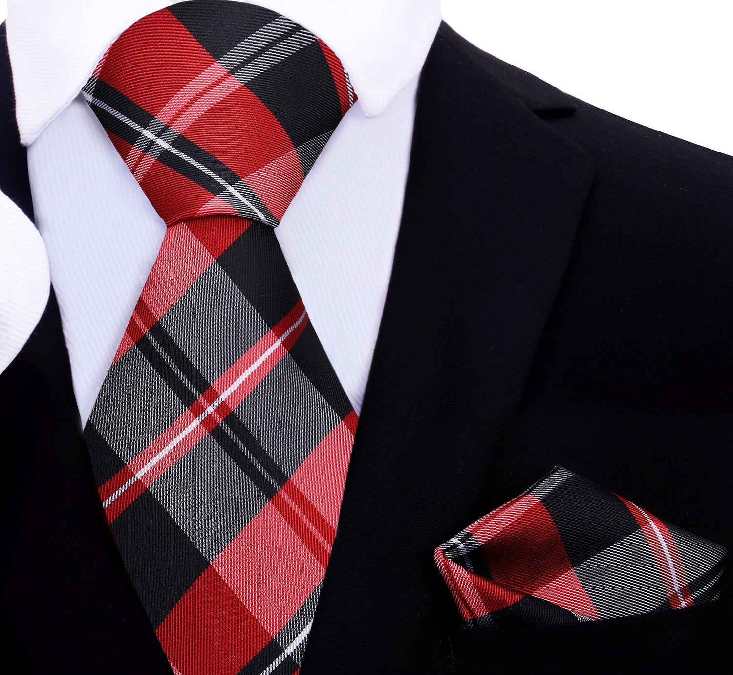 Black, Red and White Plaid Tie and Pocket Square