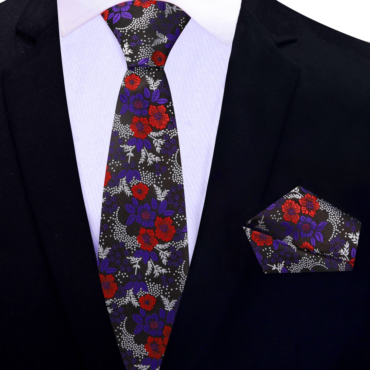 Thin Tie: Black, Purple, Red, Light Silver Floral Necktie with Matching Square