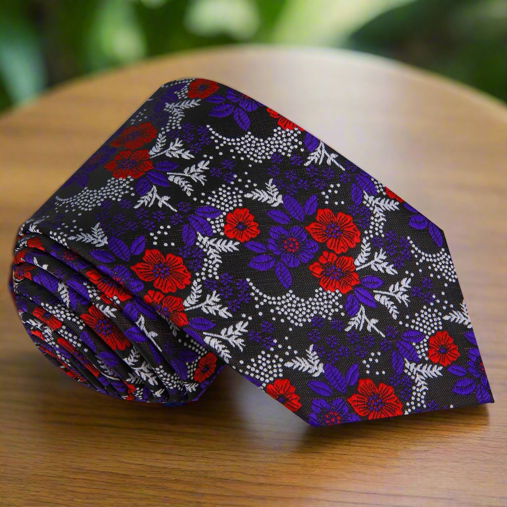 Black, Purple, Red, Light Silver Floral Necktie  