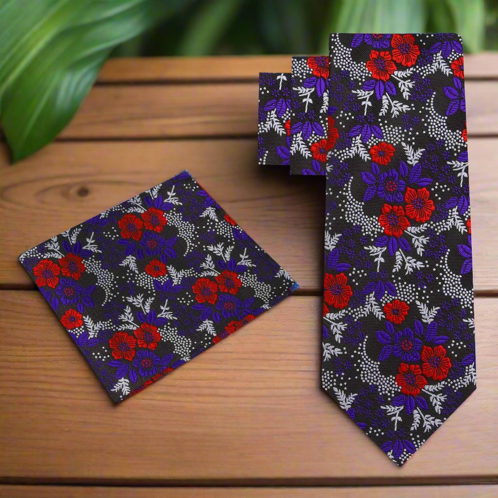 Alt View: Black, Purple, Red, Light Silver Floral Necktie with Matching Square