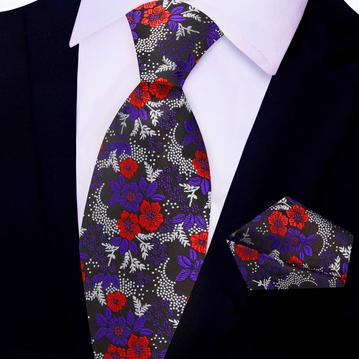 View 2: Black, Purple, Red, Light Silver Floral Necktie with Matching Square