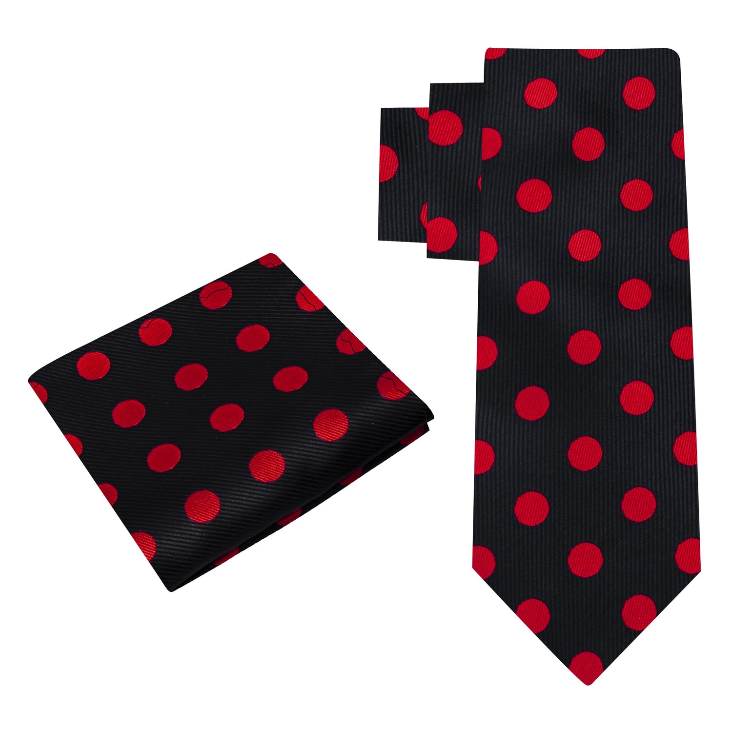 Alt View: A Black, Red Polka Dot Pattern Silk Necktie, Matching Pocket Square