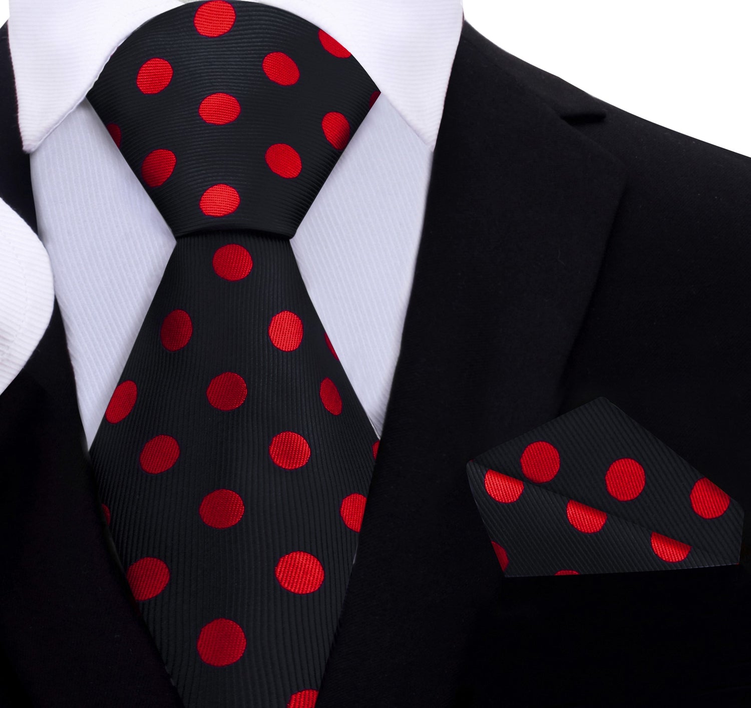 A Black, Red Polka Dot Pattern Silk Necktie, Matching Pocket Square