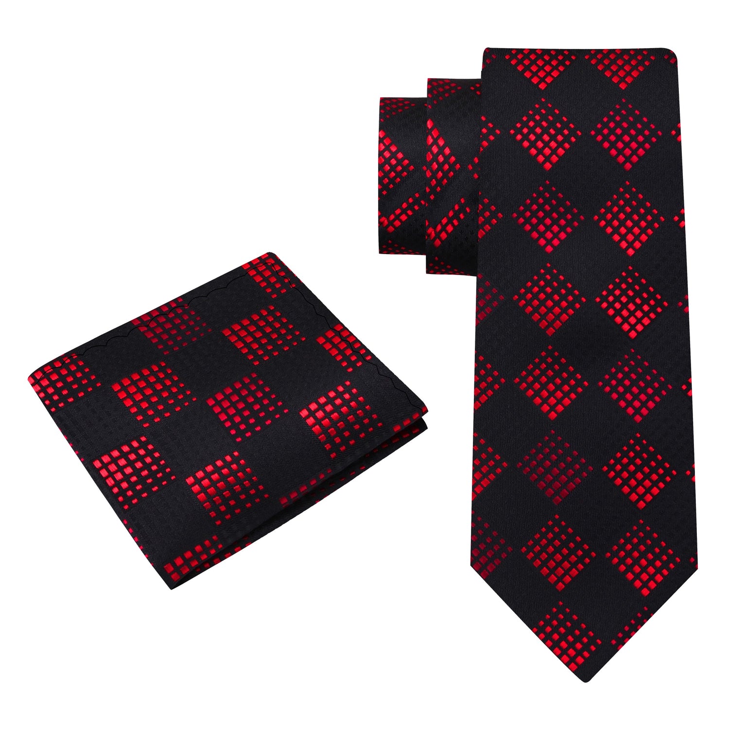 Alt view; Black, Red Geometric Diamonds Tie and Pocket Square