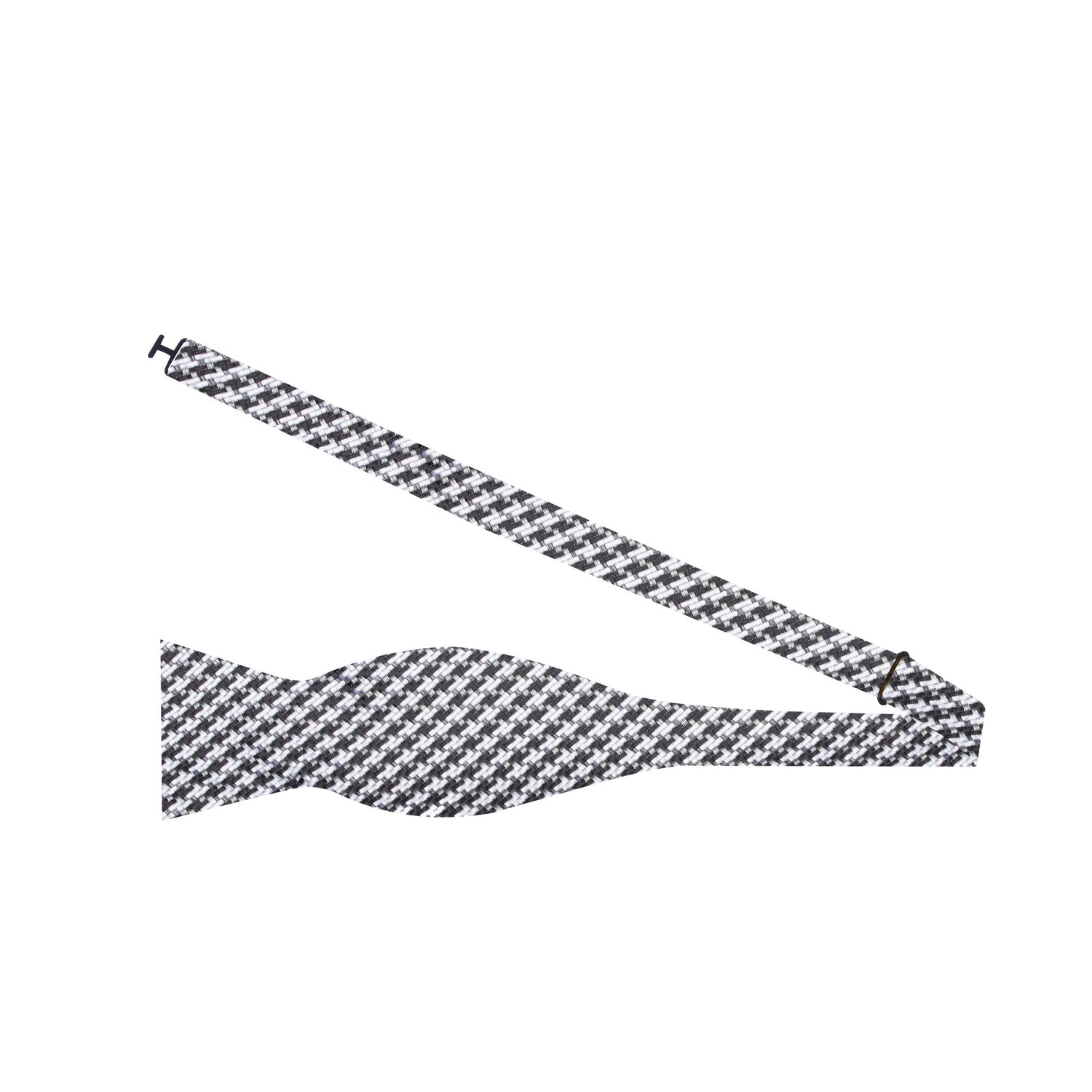 A Black, Grey Geometric Houndstooth Pattern Self Tie Bow Tie Untied