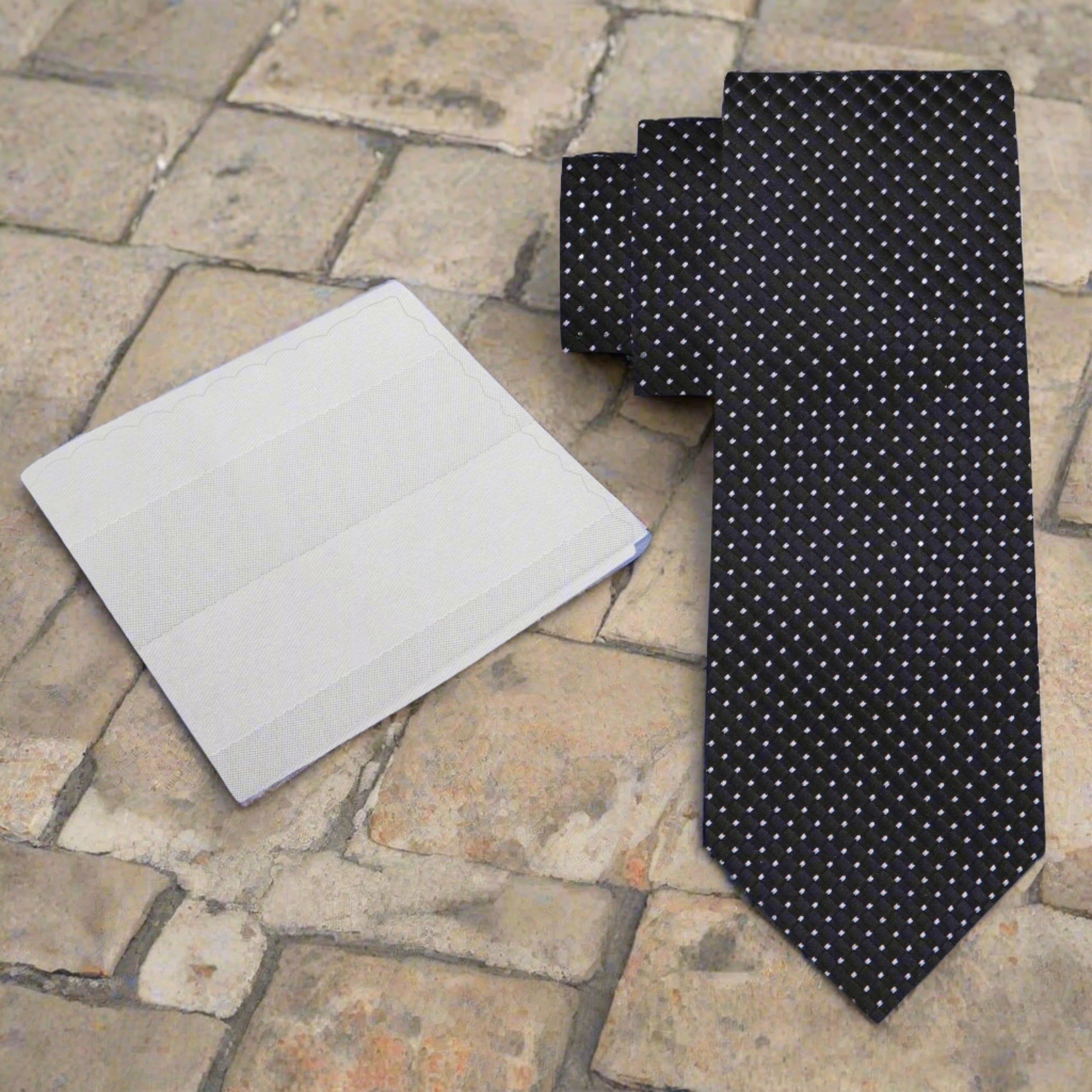 Skinny Black Tie With Silvery Checkerboard Pattern