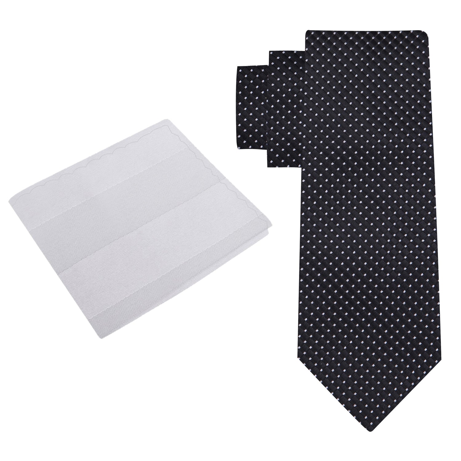 Alt View: A Black Small Geometric Diamond With Small Dots Pattern Silk Necktie With Silver Block Stripe Pocket Square|