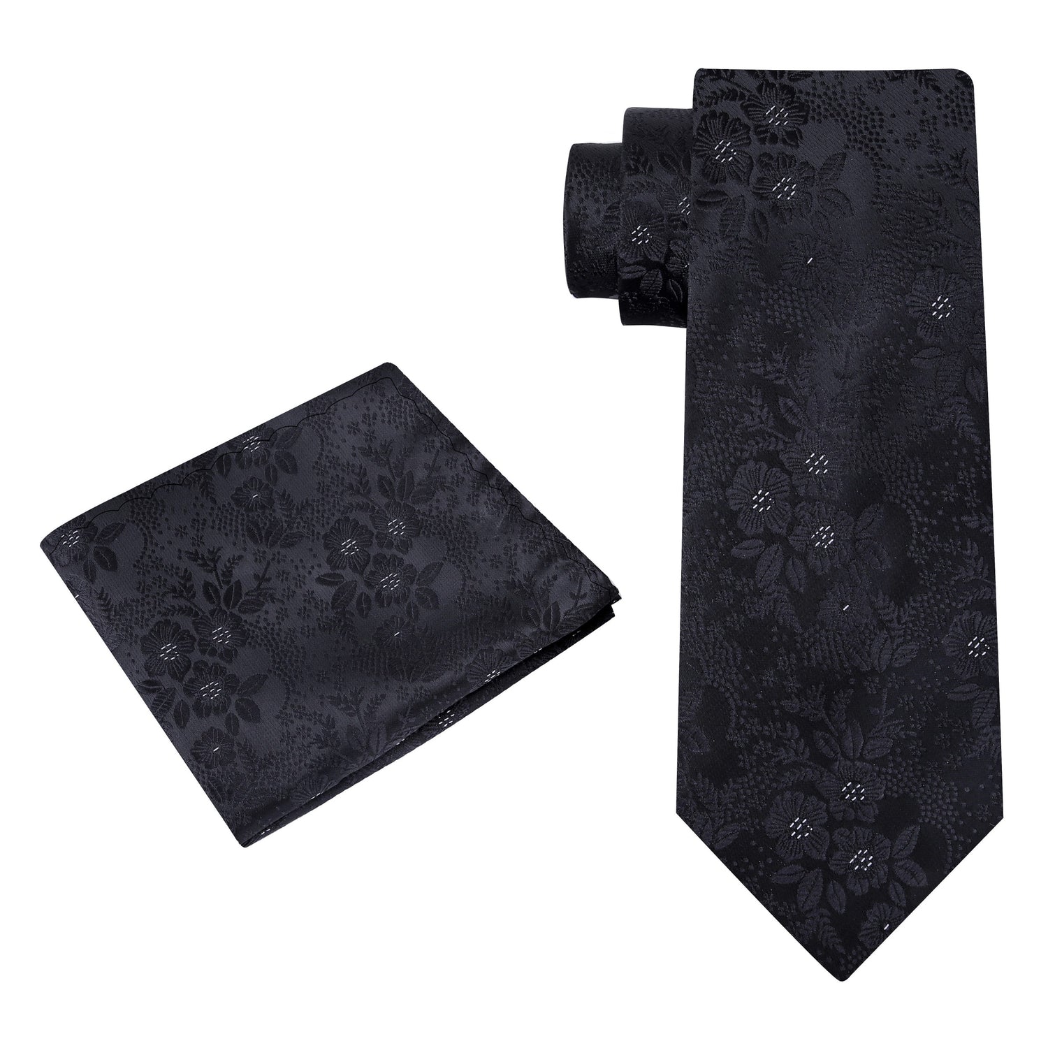 Alt View: A Black With White Floral Pattern Necktie With Matching Pocket Square