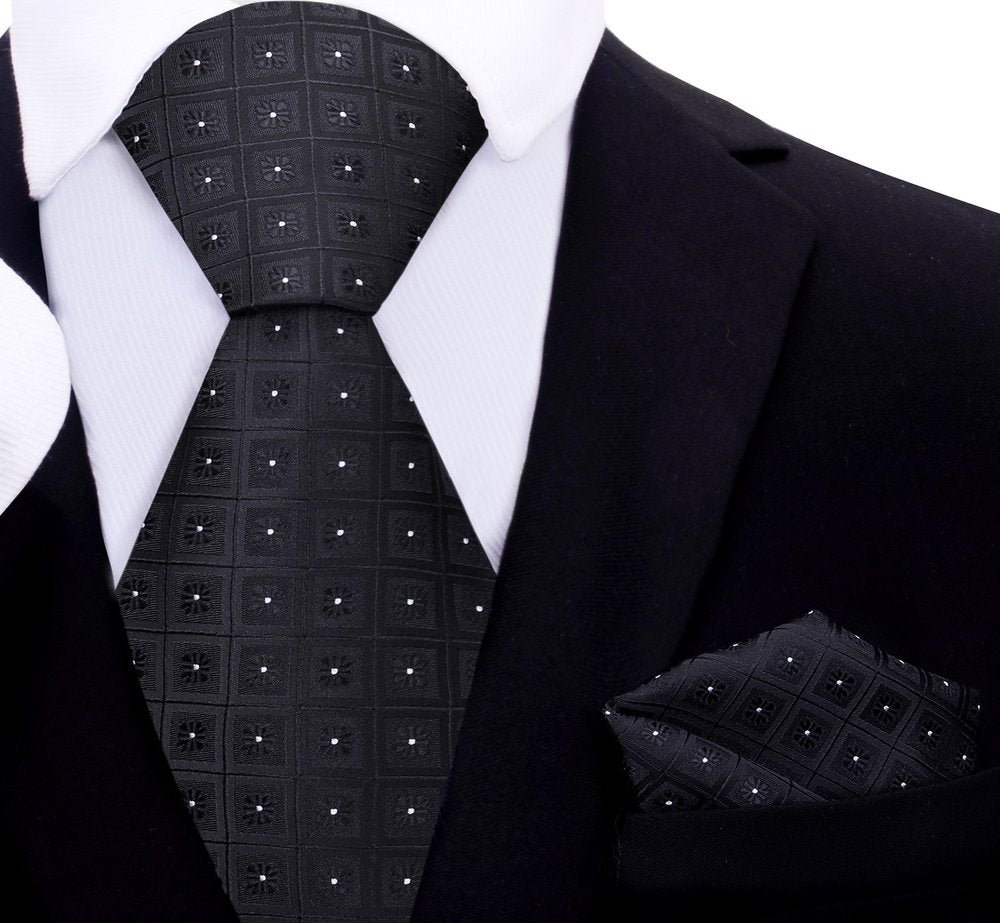 A Black, White Geometric Squares With Small Flowers Silk Necktie, Matching Pocket Square 