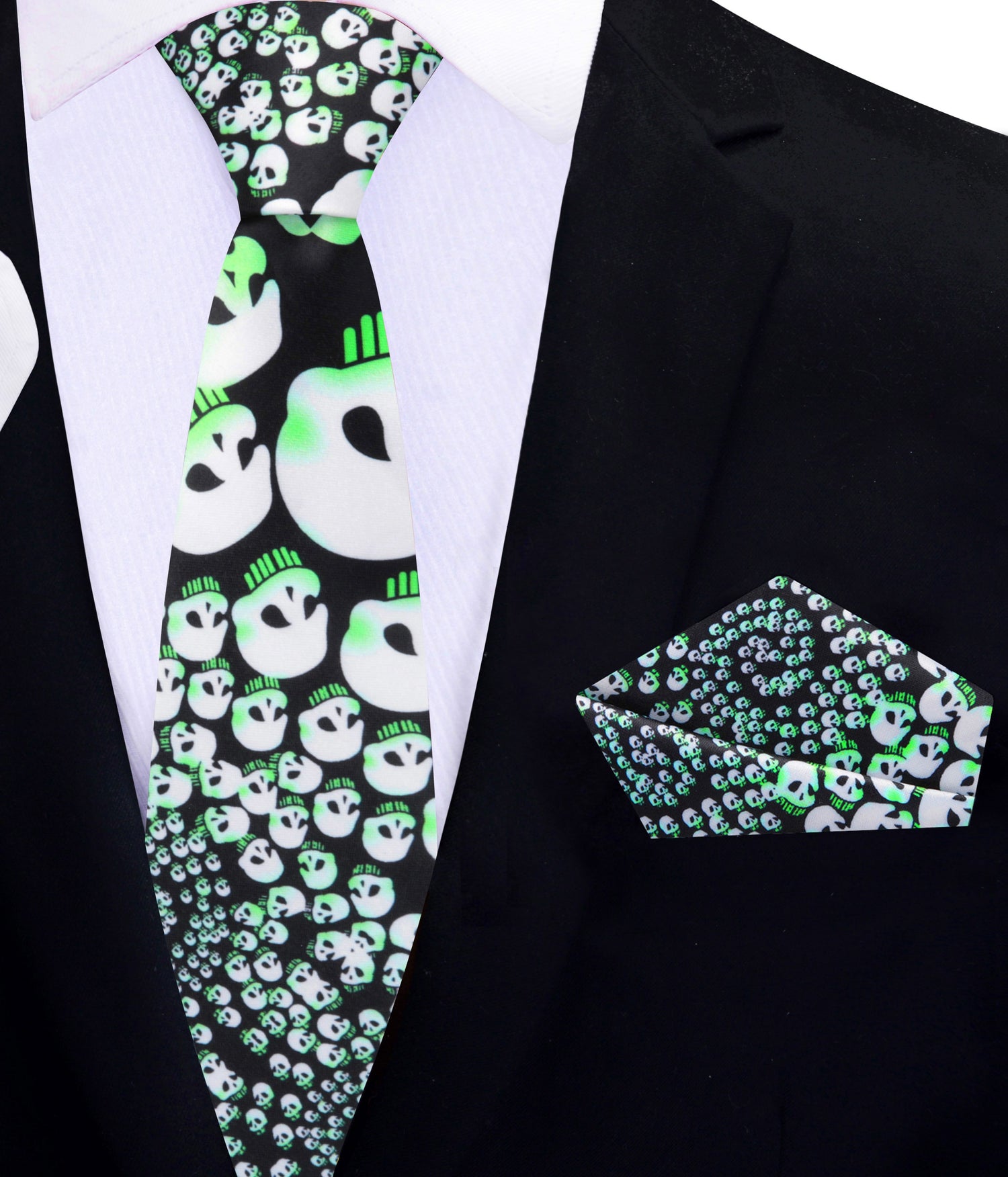 Thin Tie View of Black Tie, Light Green, Off-White Skulls in a Swirl Tie and Pocket Square