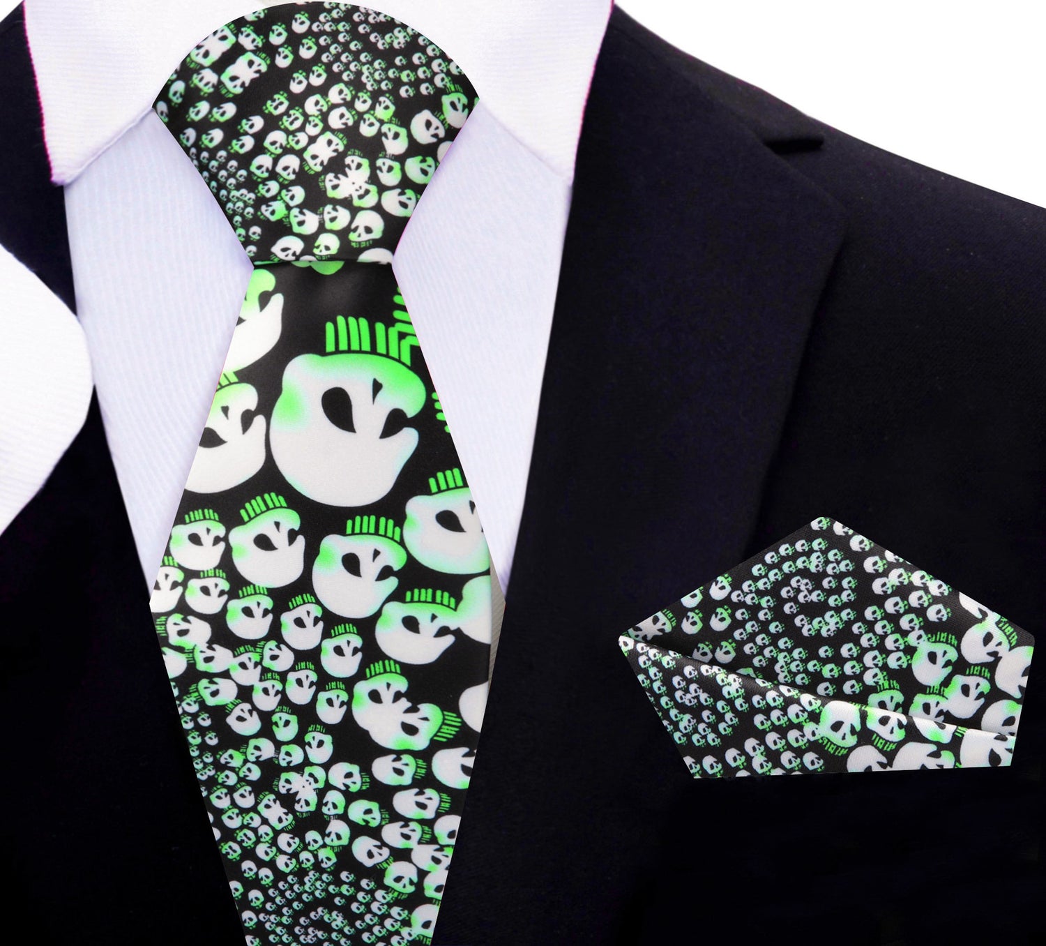 Black Tie, Light Green, Off-White Skulls in a Swirl Tie and Pocket Square