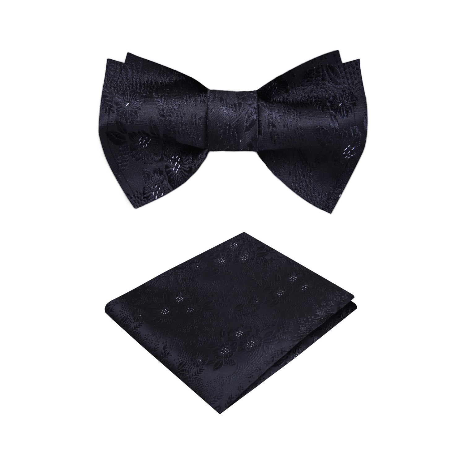 A Black, White Detailed Flowers Pattern Silk Self Tie Bow Tie, Matching Pocket Square