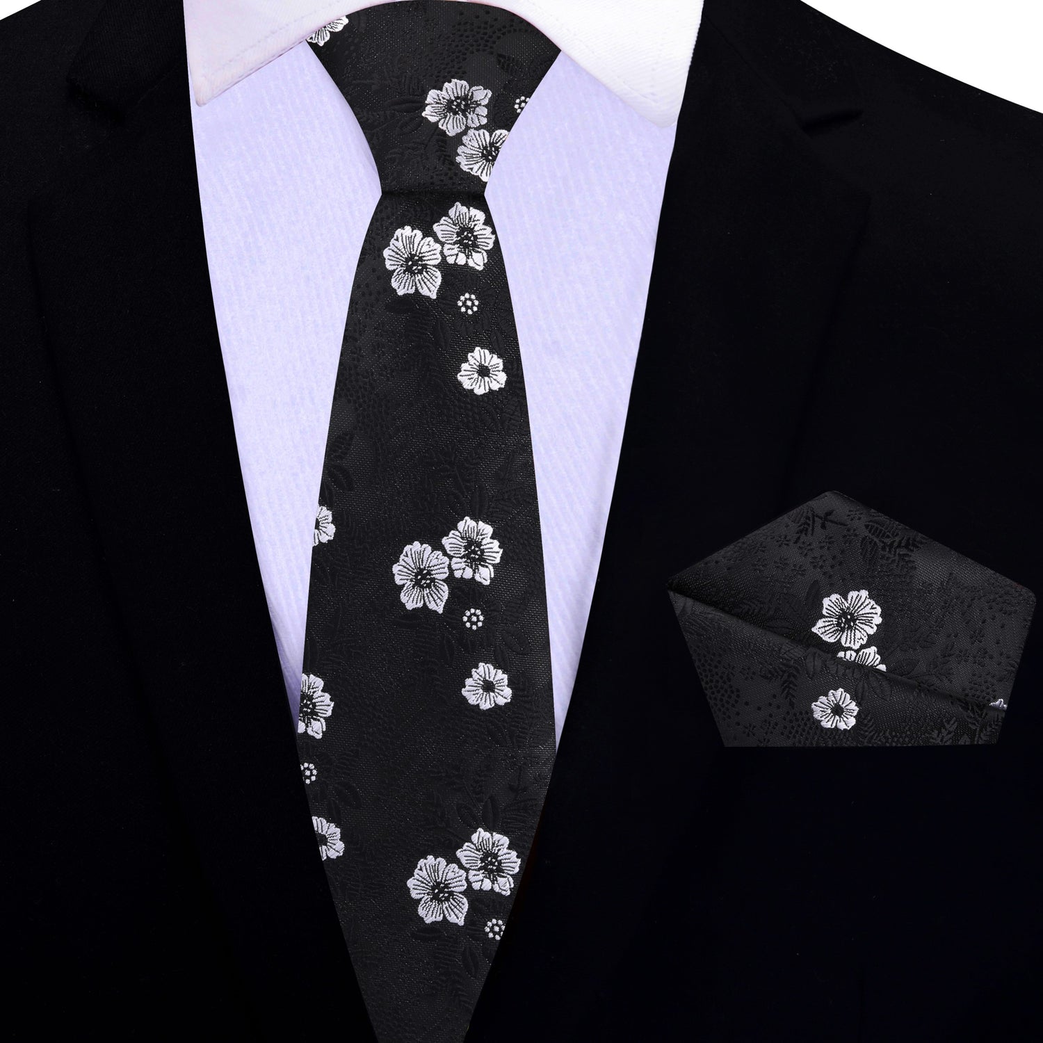Black, White Floral Thin Tie and Pocket Square