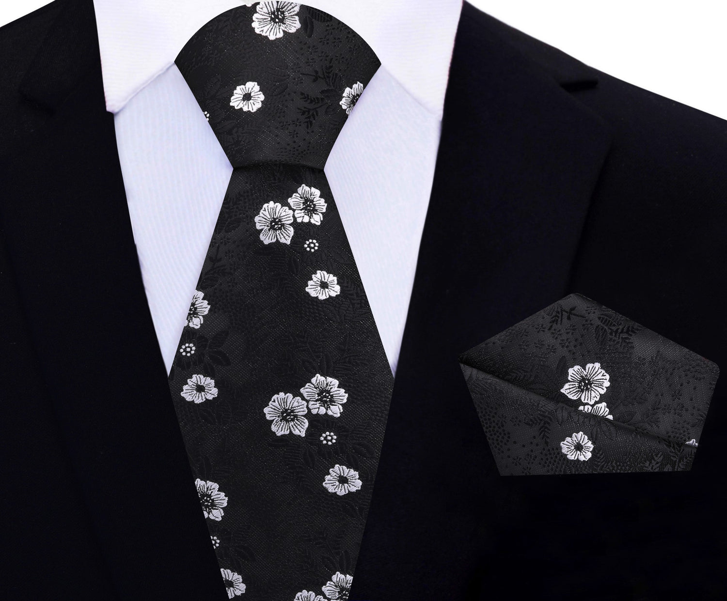 Black, White Floral Tie and Pocket Square