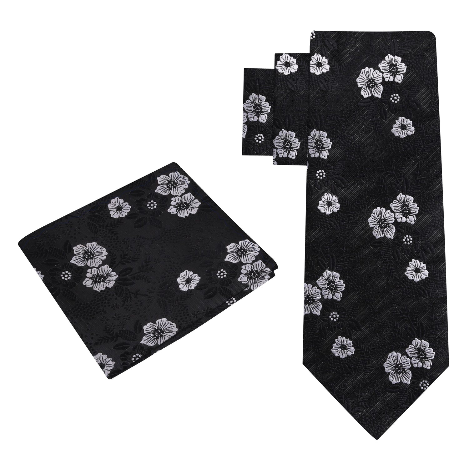 Alt View: Black, White Floral Tie and Pocket Square