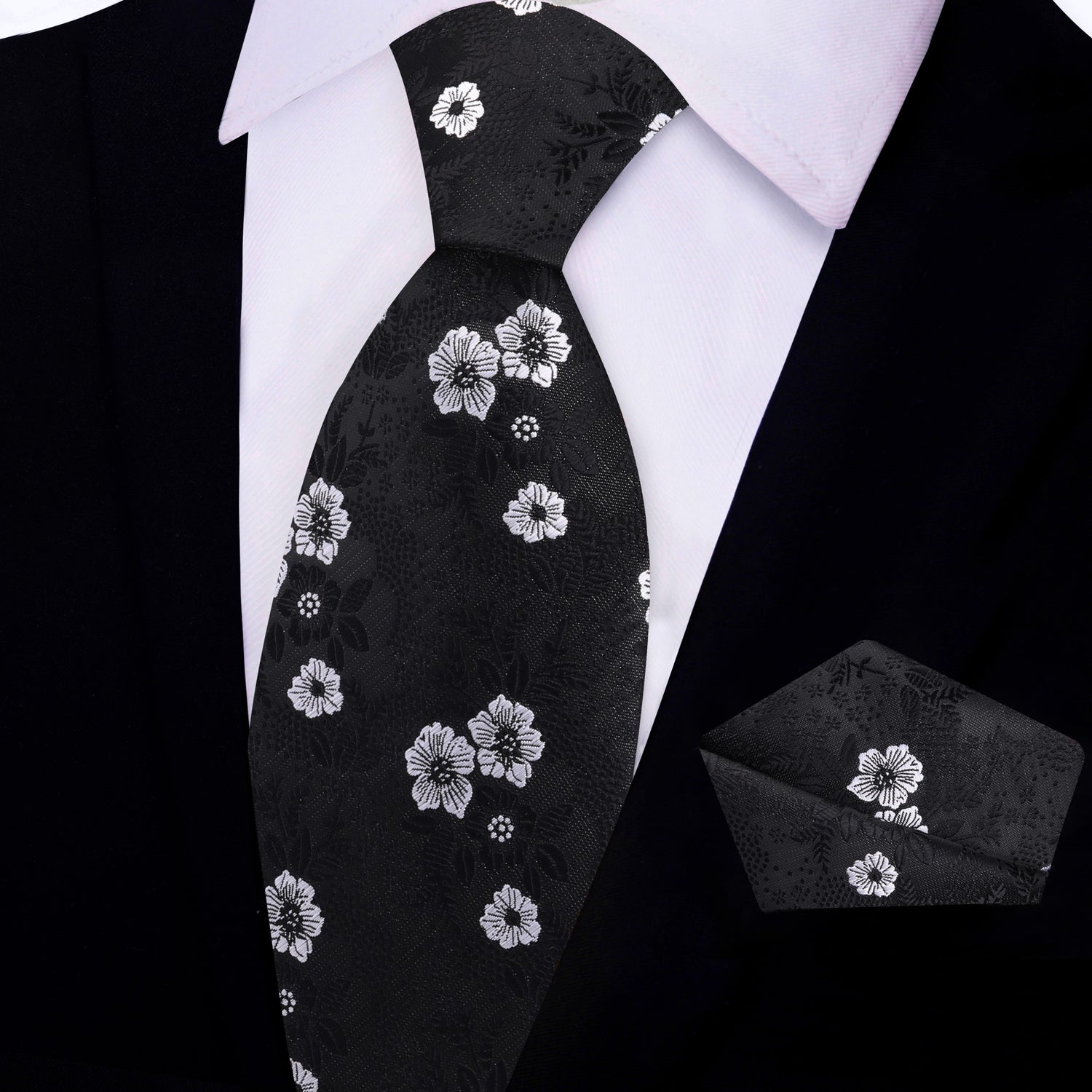 Image 2: Black and White Floral Tie and Pocket Square