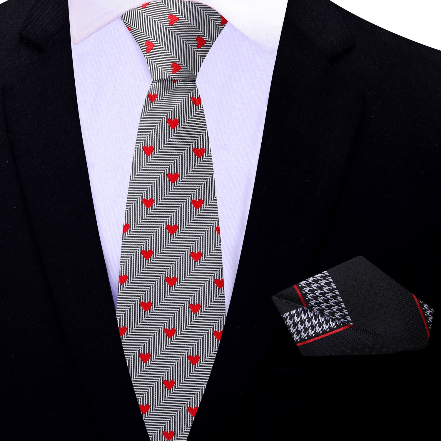 Thin Tie: Black, Red, Grey Herringbone and Hearts Necktie with Accenting Square