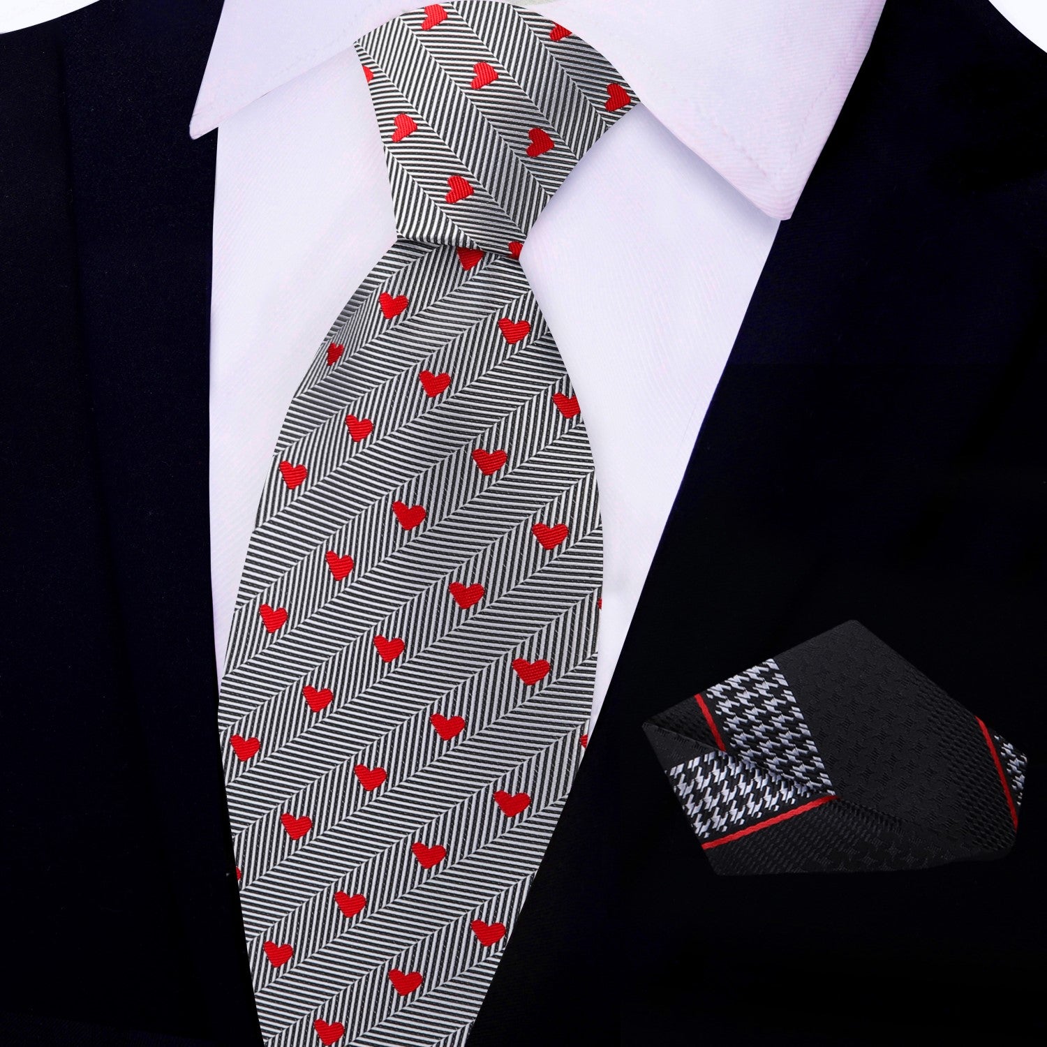 View 2: Black, Red, Grey Herringbone and Hearts Necktie with Accenting Square