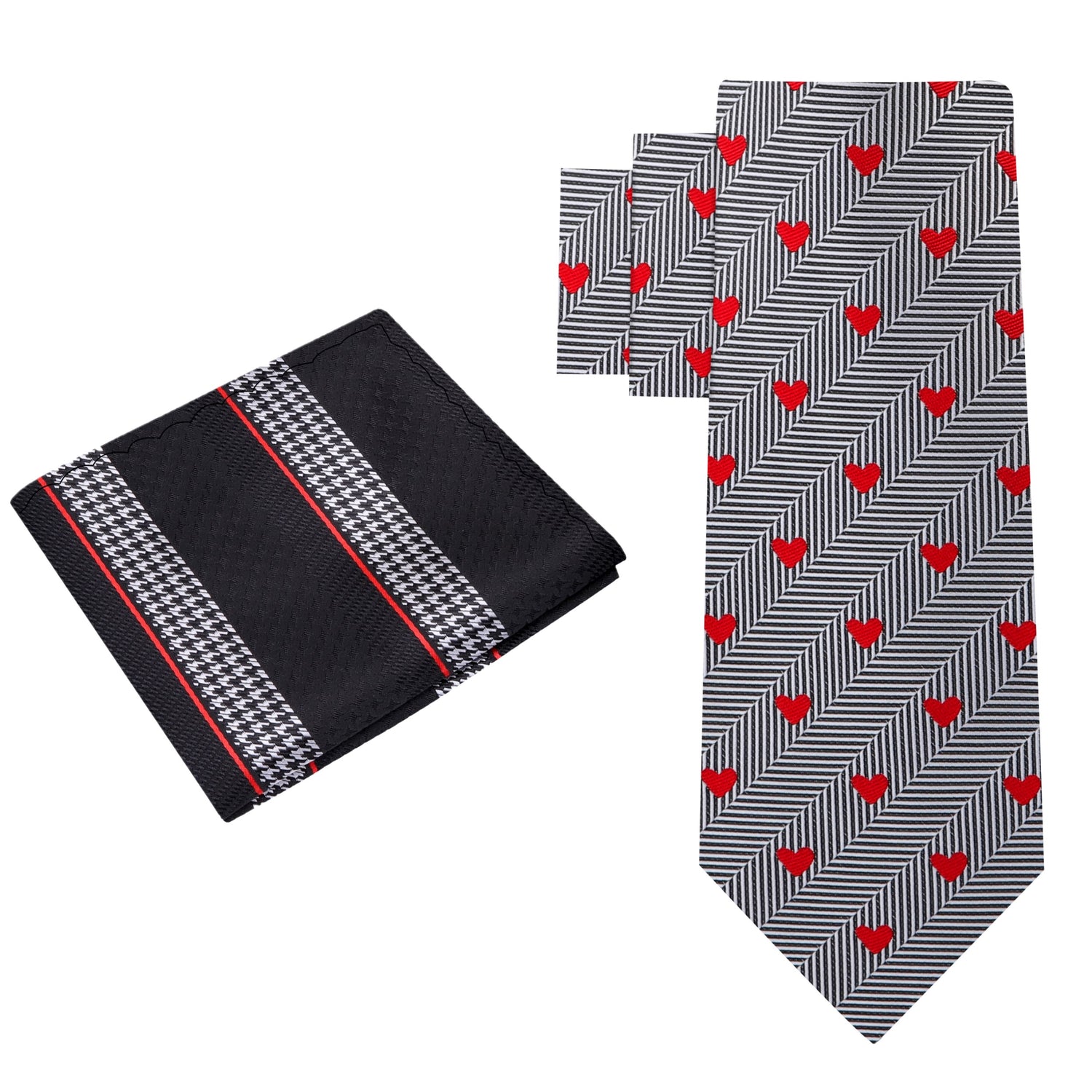 Alt View: Black, Red, Grey Herringbone and Hearts Necktie with Accenting Square