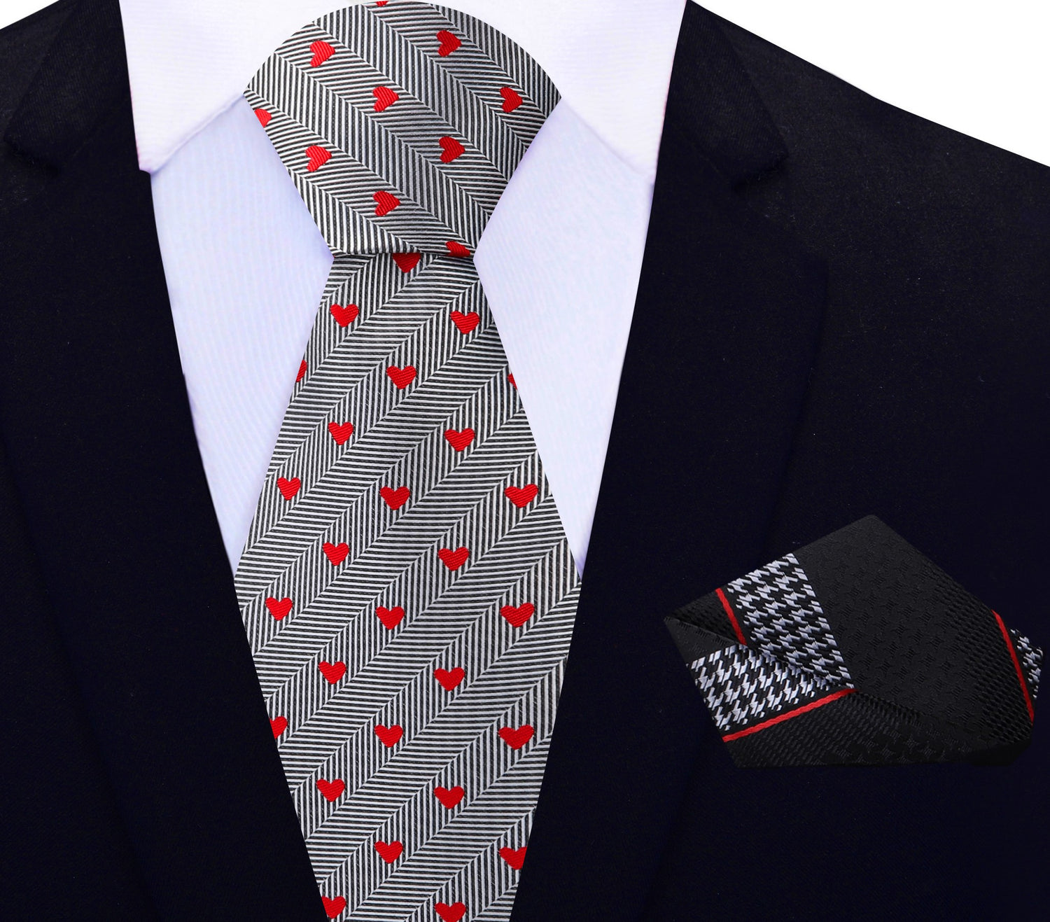 Black, Red, Grey Herringbone and Hearts Necktie with Accenting Square