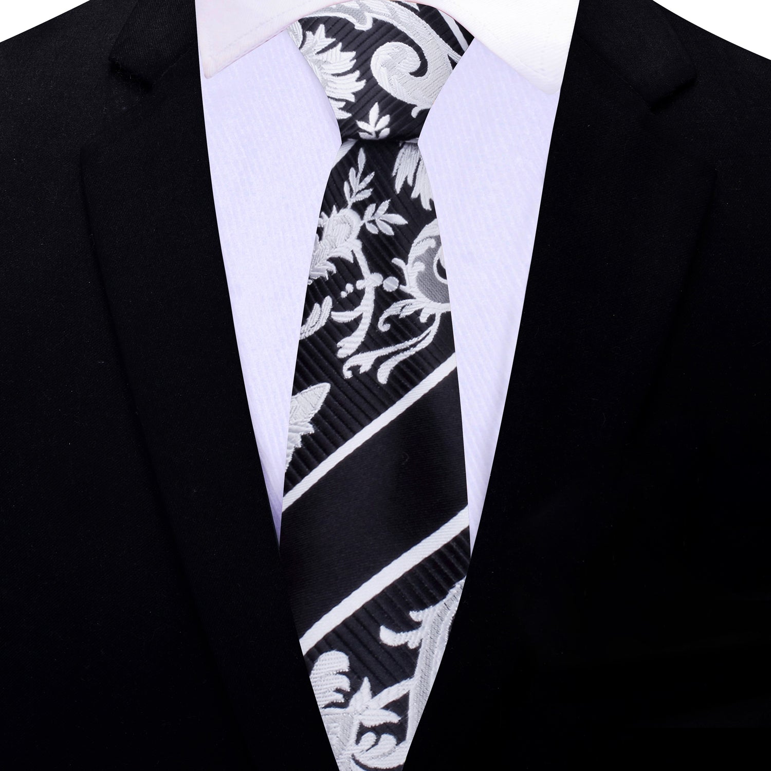 Single Thin Tie: Black, Grey, White Floral Tie  