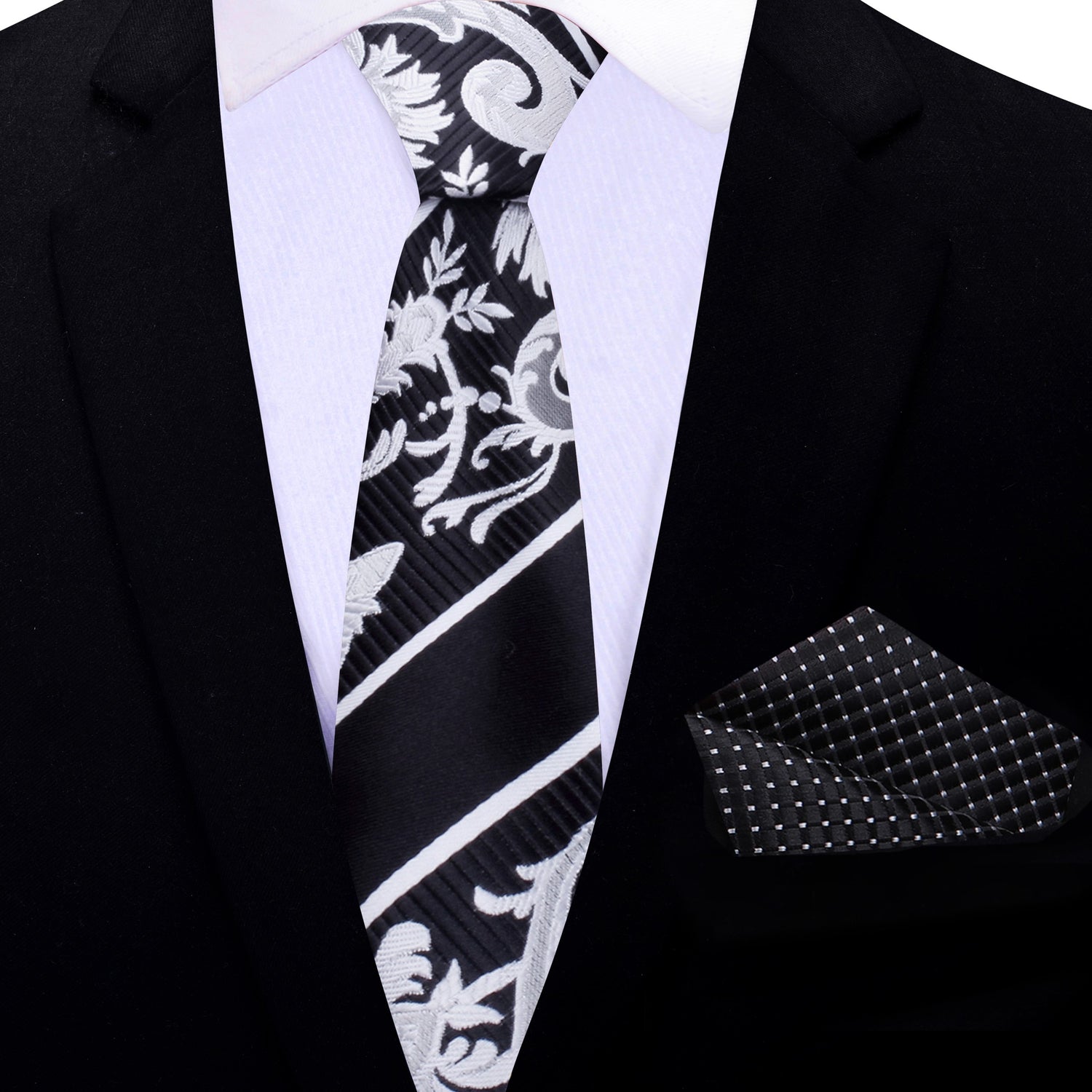 Thin Tie: Black, Grey, White Floral Tie and Accenting Pocket Square