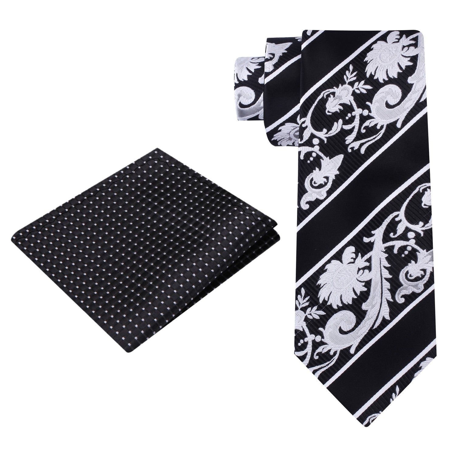 Alt View: Black, Grey, White Floral Tie and Accenting Pocket Square