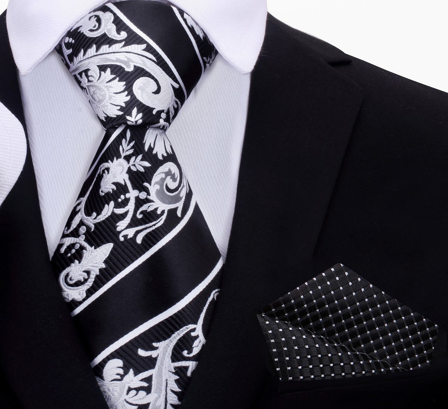 Black, Grey, White Floral Tie and Accenting Pocket Square