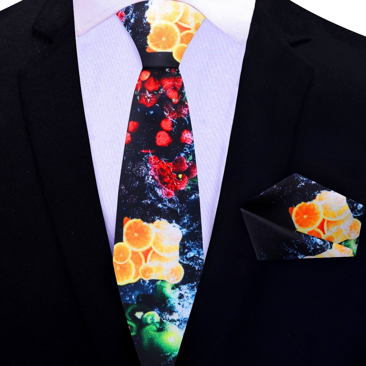 Black With Multiple Bright Colors Fresh Fruit Thin Necktie and Pocket Square