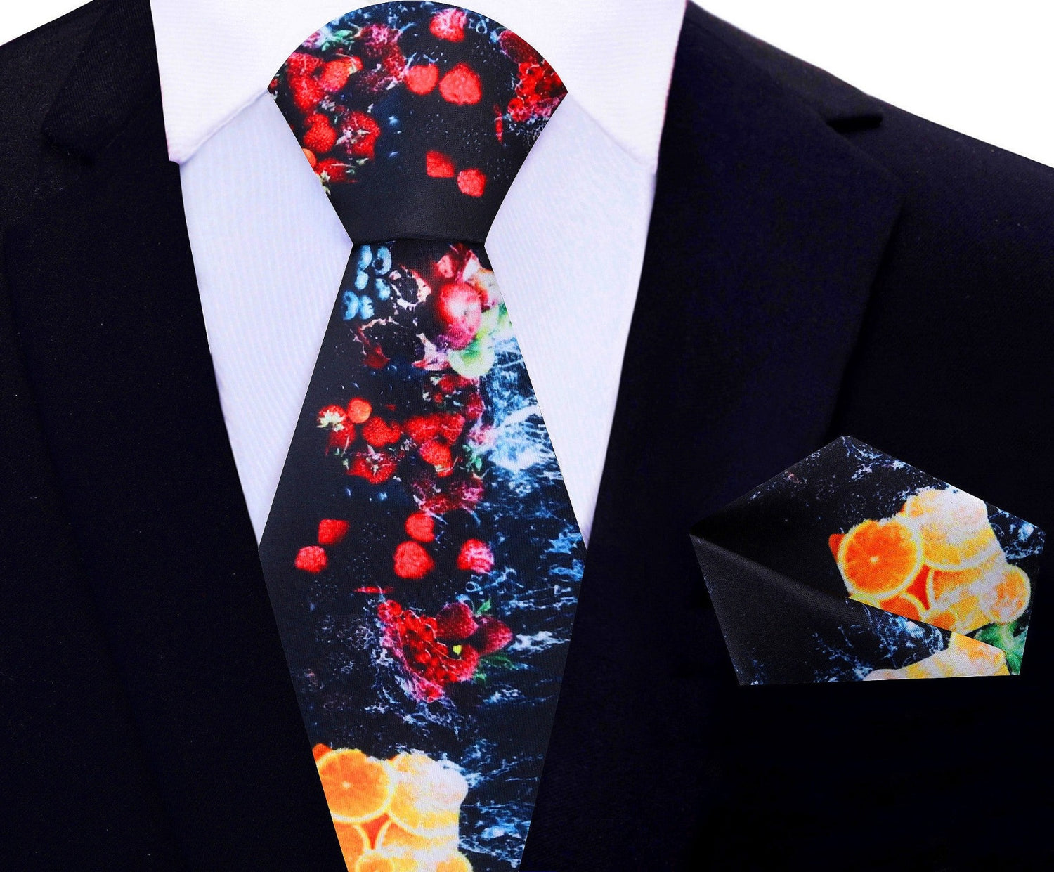 Black With Multiple Bright Colors Fresh Fruit Necktie and Pocket Square