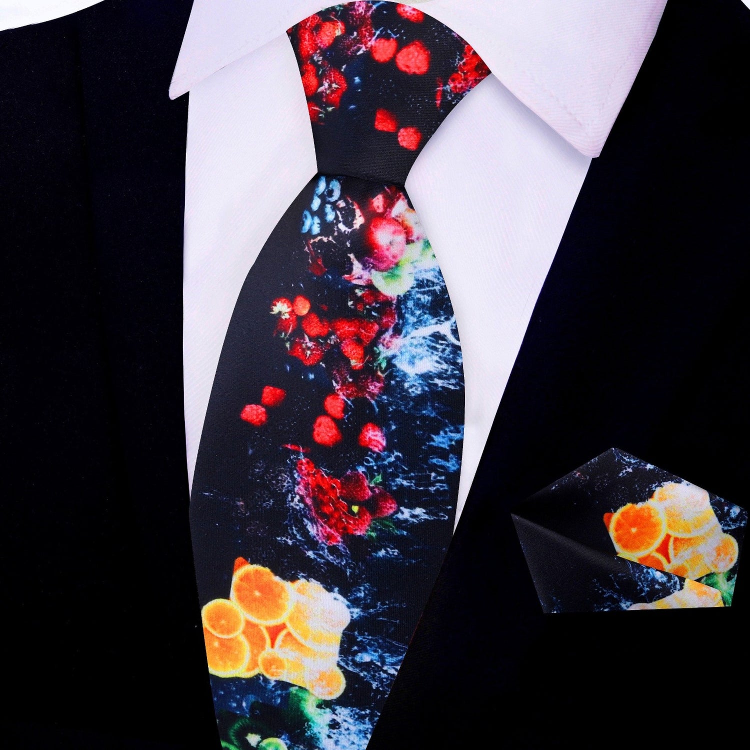 Black With Multiple Bright Colors Fresh Fruit Necktie and Pocket Square