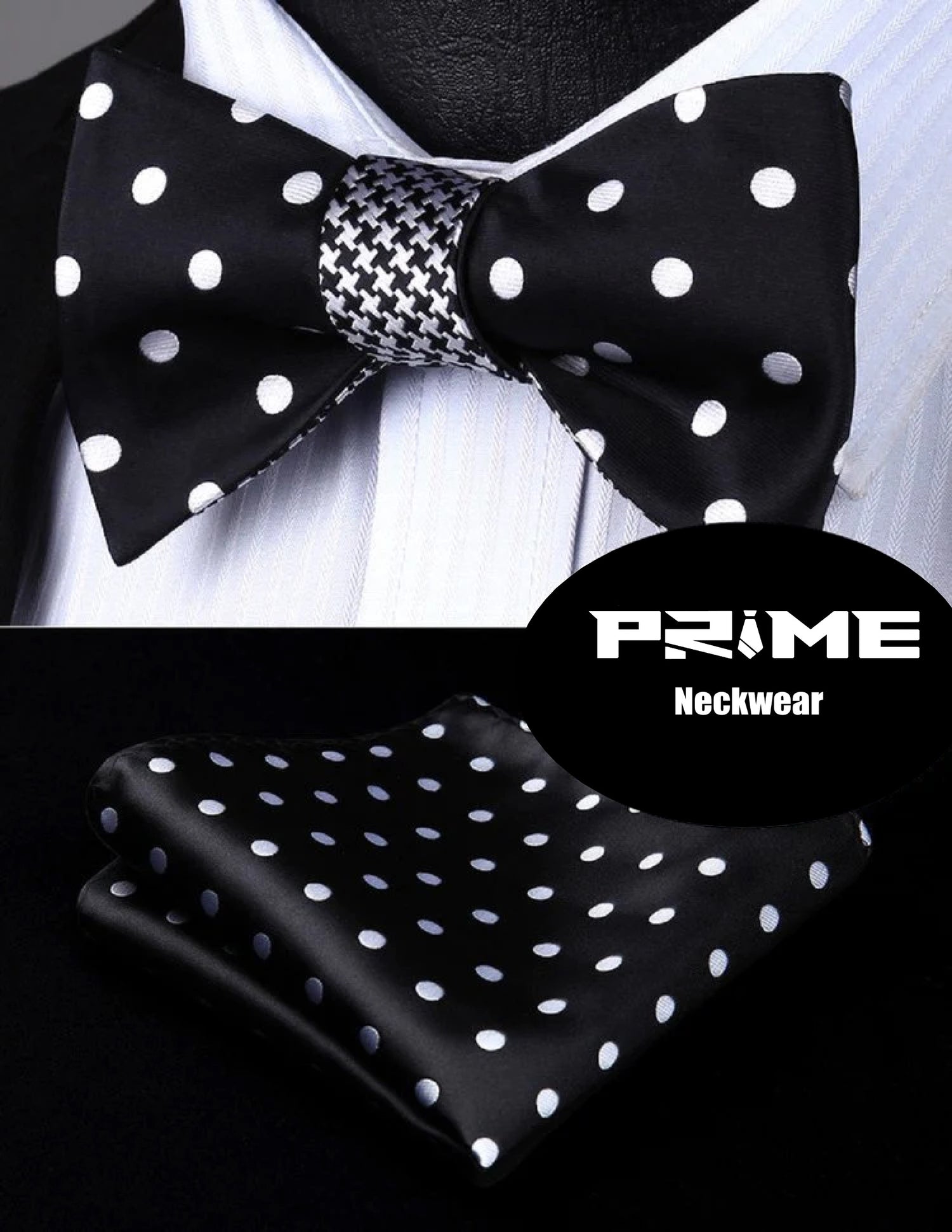 Black, White Dots and Hounds-tooth Bow Tie and Pocket Square