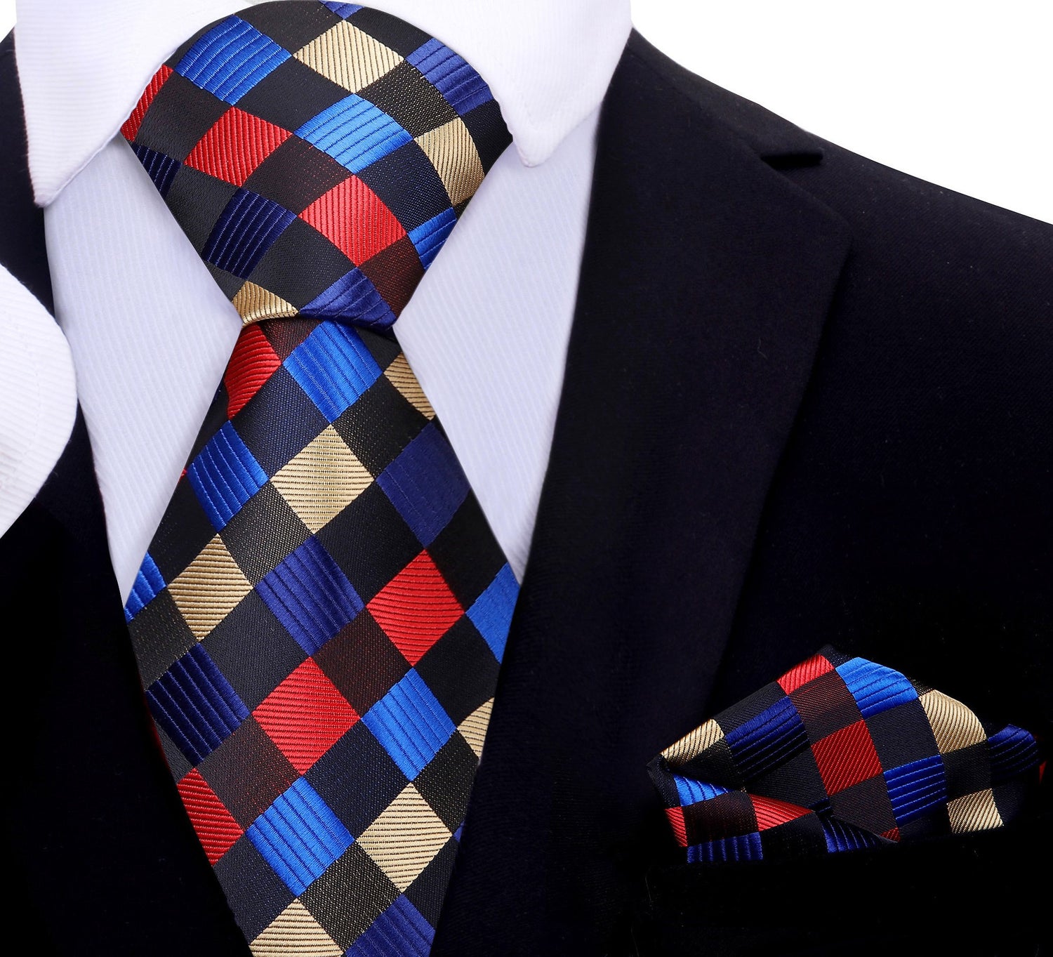 A Black, Red, Blue, Yellow Geometric Diamond Pattern Silk Necktie, Matching Pocket Square