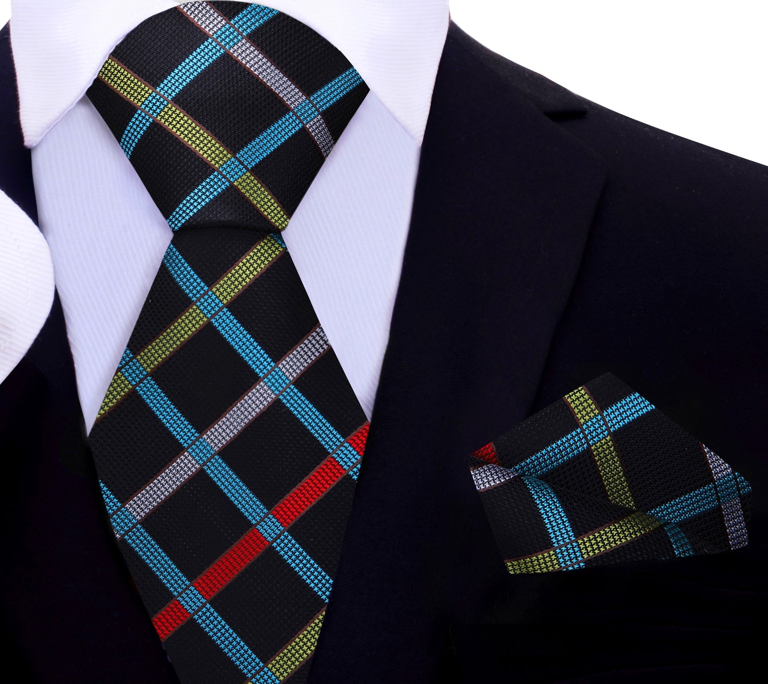A Black, Yellow, Red, Light Blue With Geometric Diamond Pattern And Small Checks Pattern Silk Necktie With Matching Pocket Square