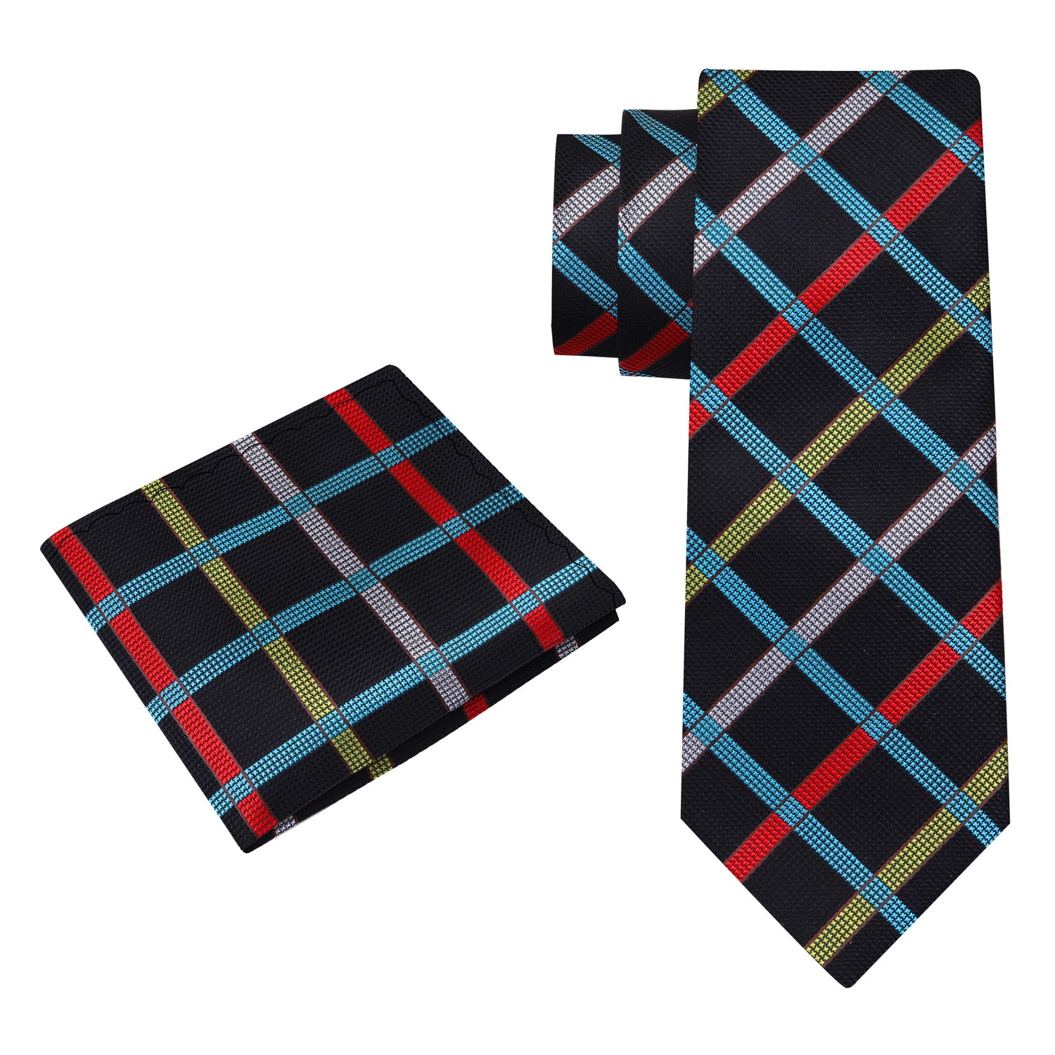 Alt View: A Black, Yellow, Red, Light Blue With Geometric Diamond Pattern And Small Checks Pattern Silk Necktie With Matching Pocket Square