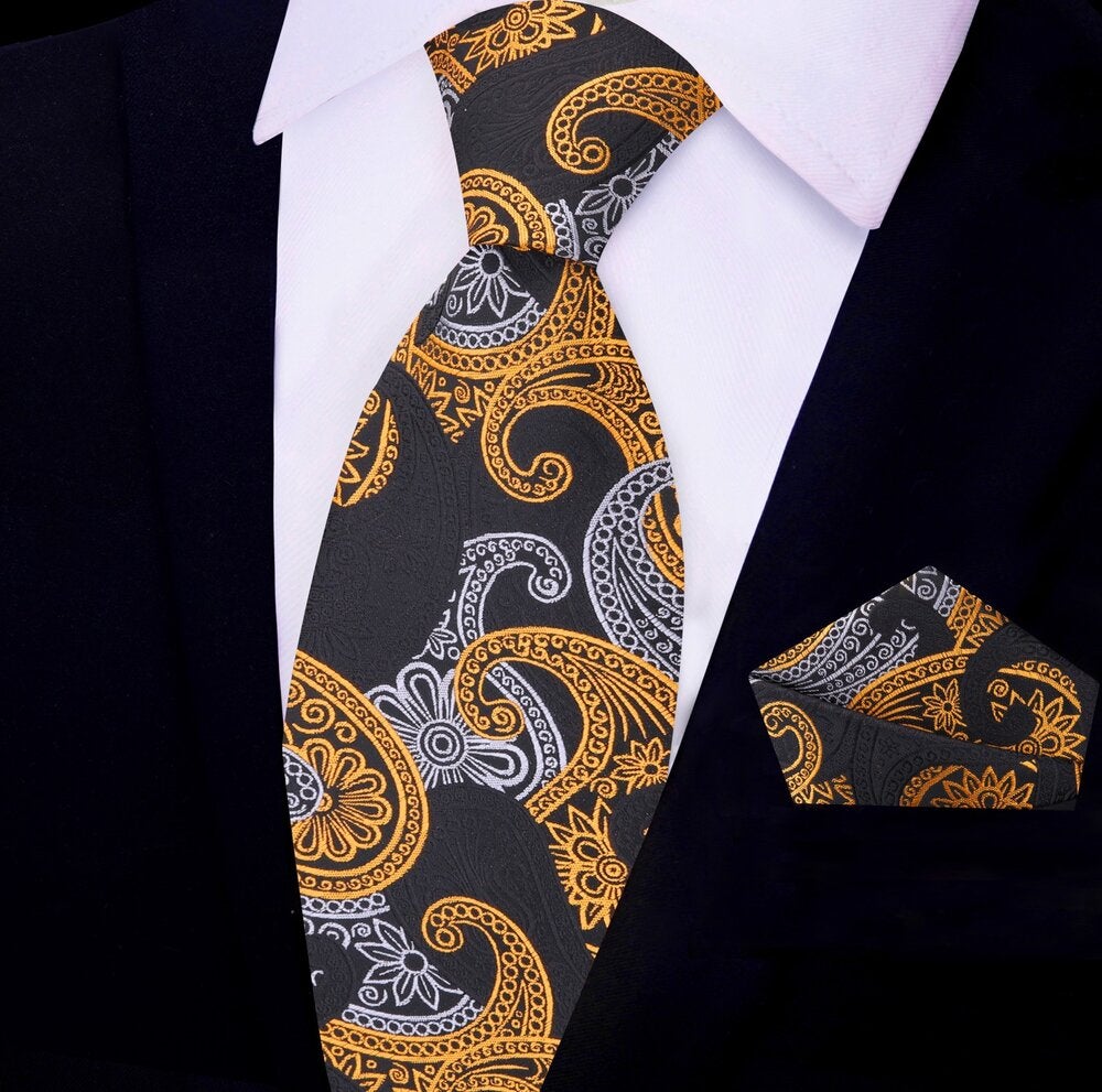 Black, Gold, Grey Paisley Tie and Pocket Square