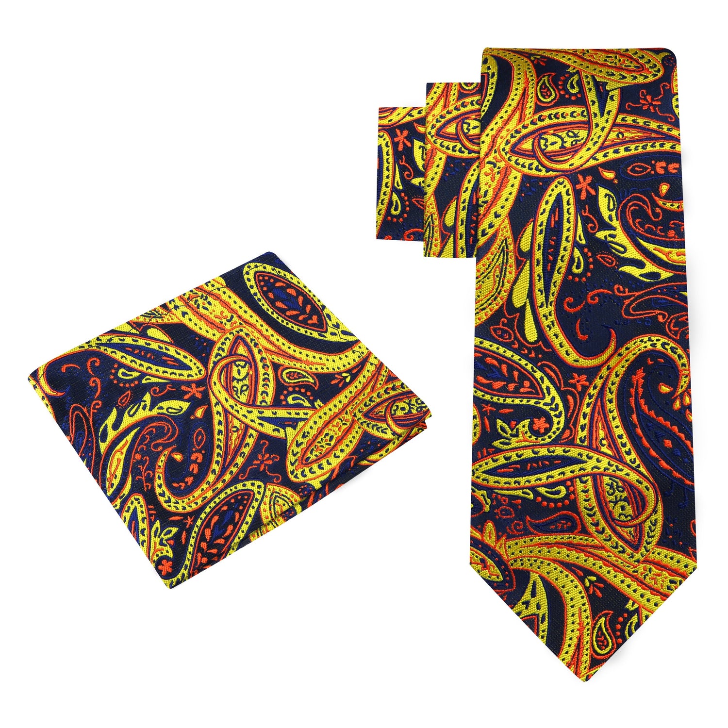 View 2: Dark Blue, Rust, Yellow Paisley Tie and Pocket Square