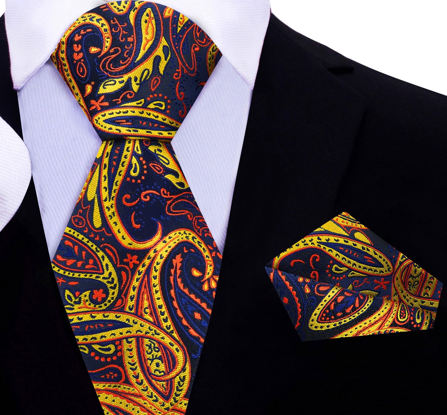 Dark Blue, Rust, Yellow Paisley Tie and Pocket Square