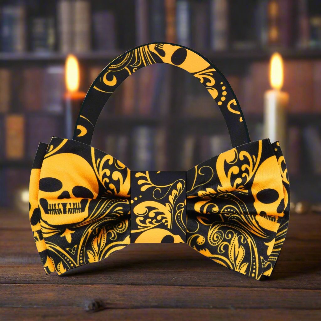 Black and Yellow Skull Bow Tie Pre Tied