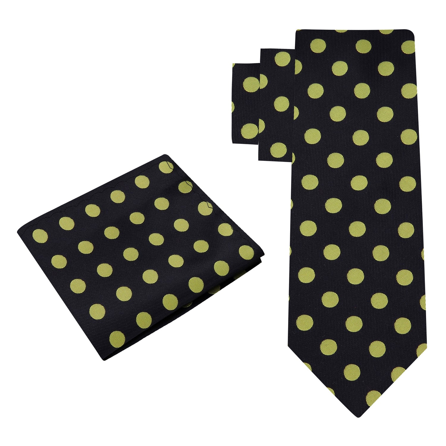 Alt View: A Black, Yellow Polka Dot Pattern Silk Necktie, Matching Pocket Square