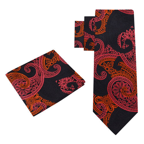 Alt View: Black, Pink, Orange Paisley Tie and Pocket Square