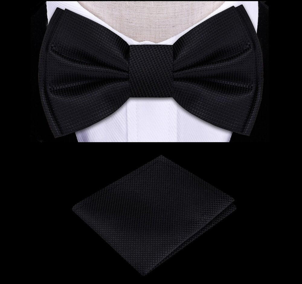 Black Bow Tie and Pocket Square||Black