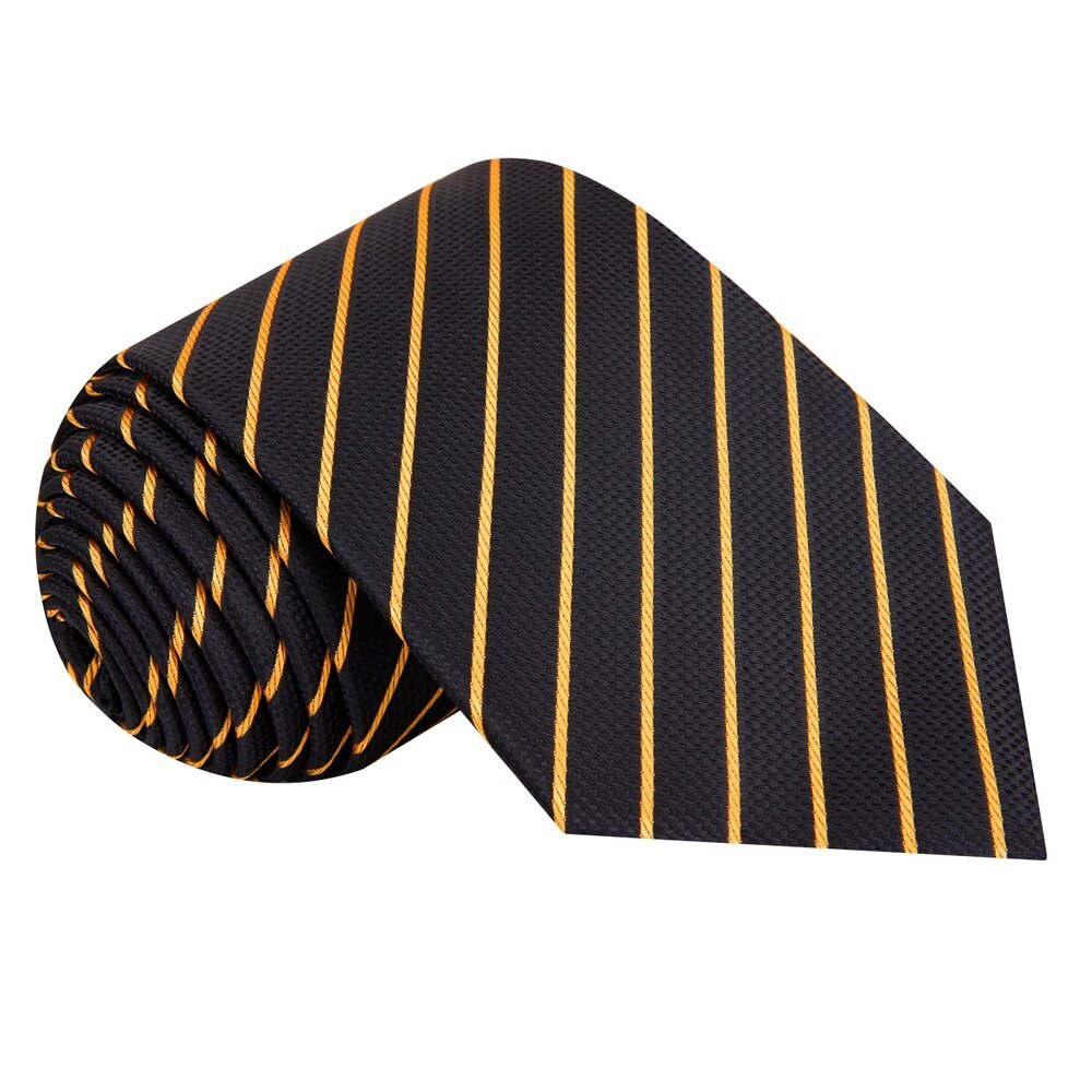 A Black, Gold Stripe Pattern Silk Necktie 