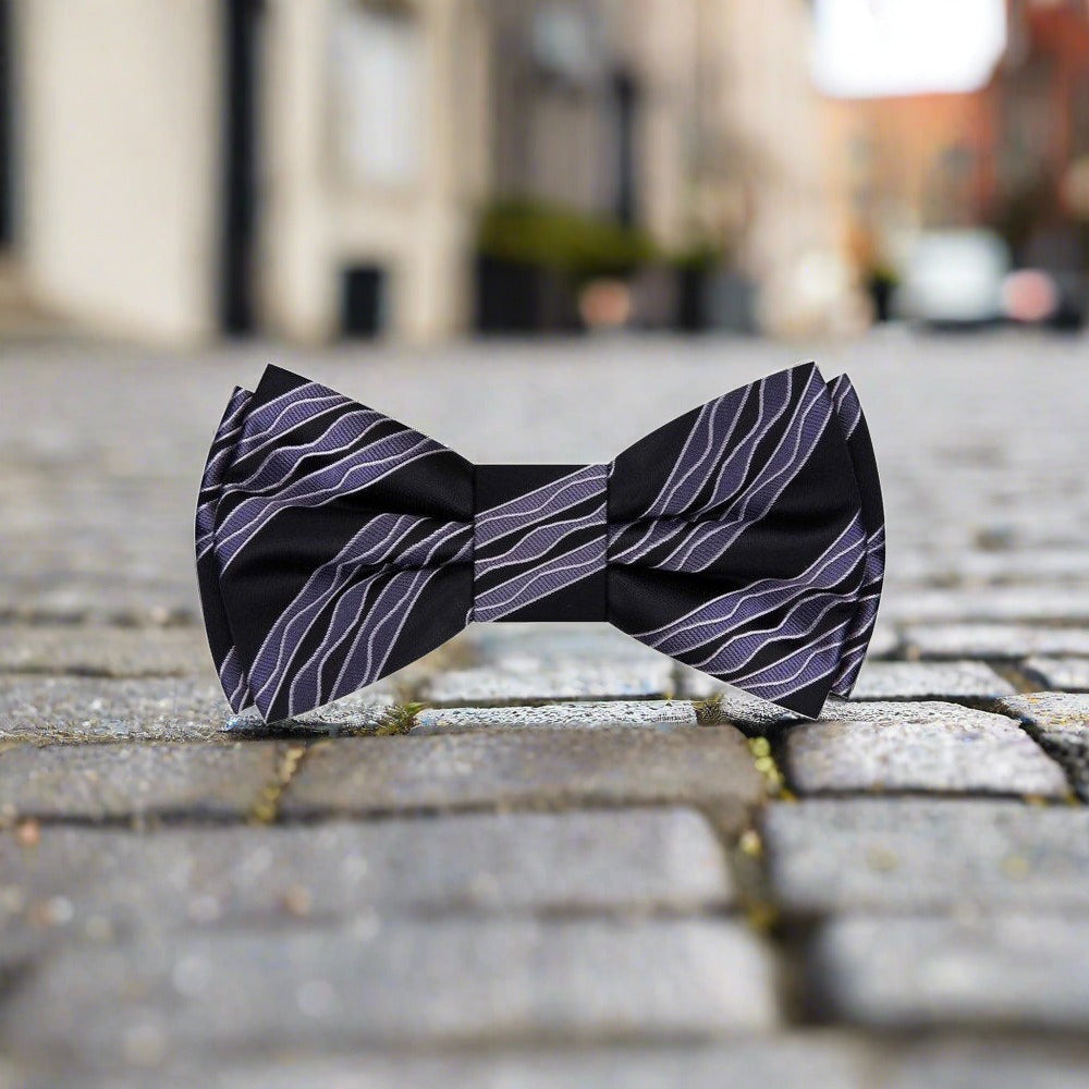 Black, Grey Wavy Lines Bow Tie with city in background
