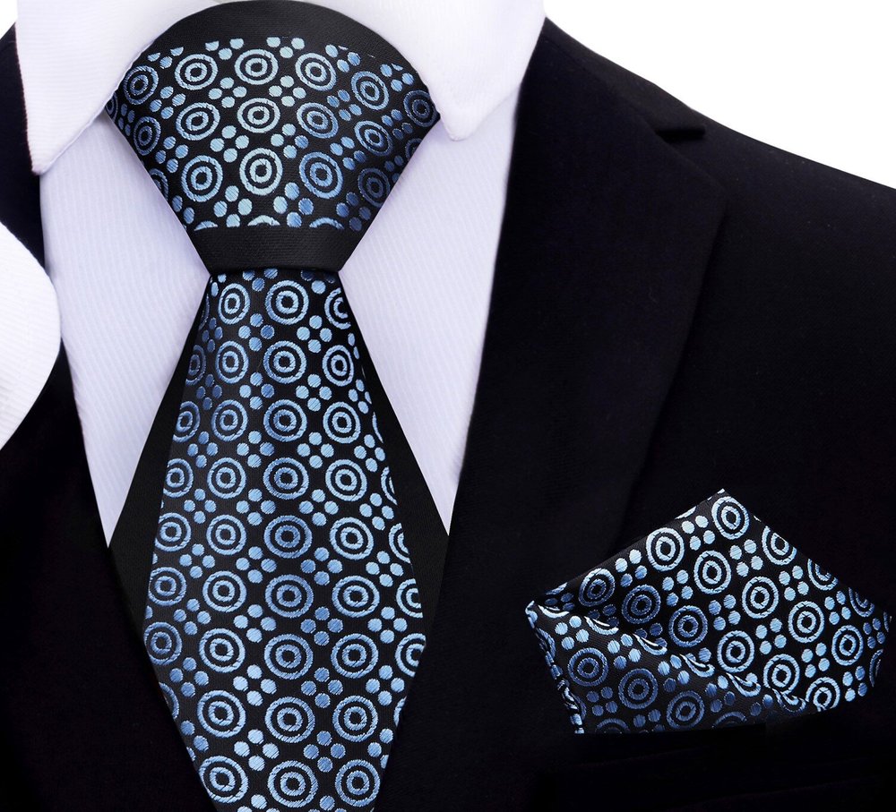 Black, Ice Blue Geometric Tie and Pocket Square