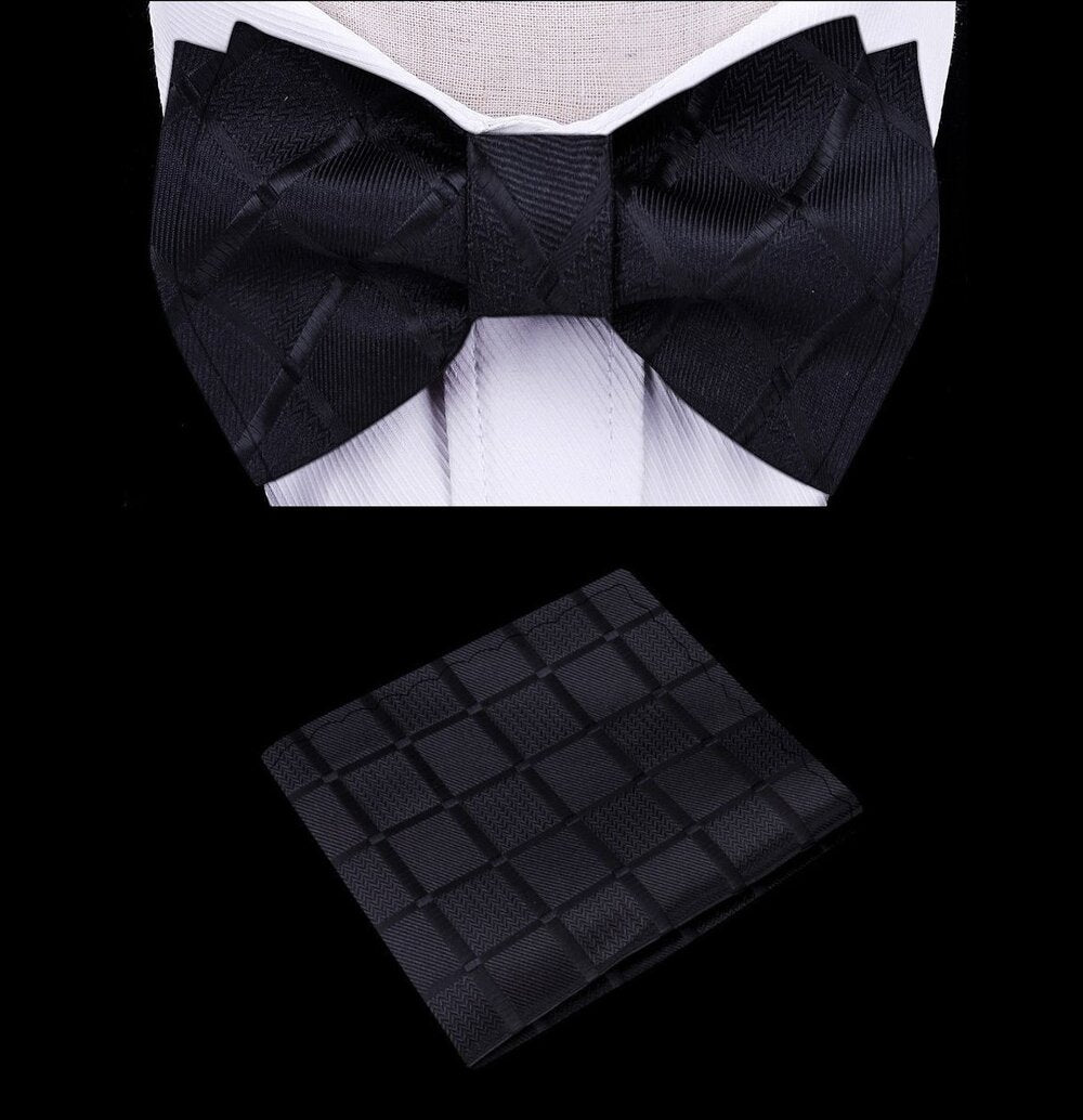 A Black Color With Geometric Texture Pattern Silk Pre-Tied Bow Tie, Matching Pocket Square