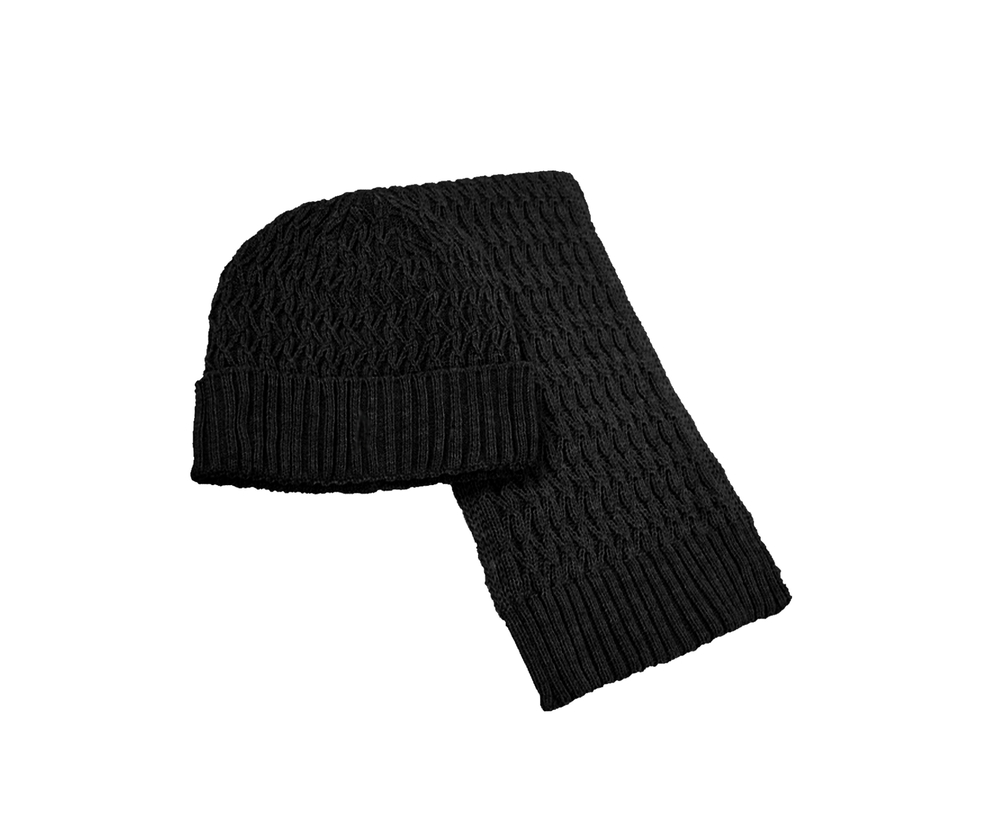 view 3 black beanie and scarf set