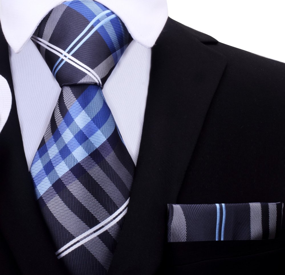 A Black, Blue, White Plaid Pattern Necktie With Matching Pocket Square||Blue, Black, White