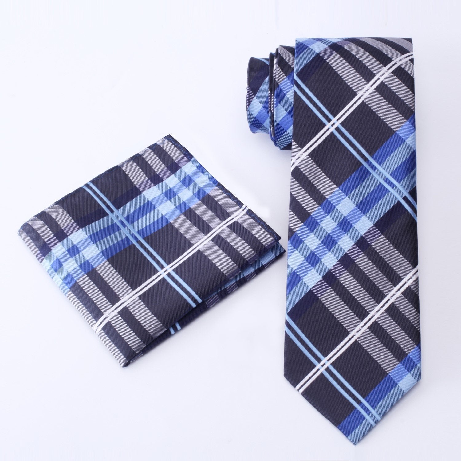 Alt View: A Black, Blue, White Plaid Pattern Necktie With Matching Pocket Square