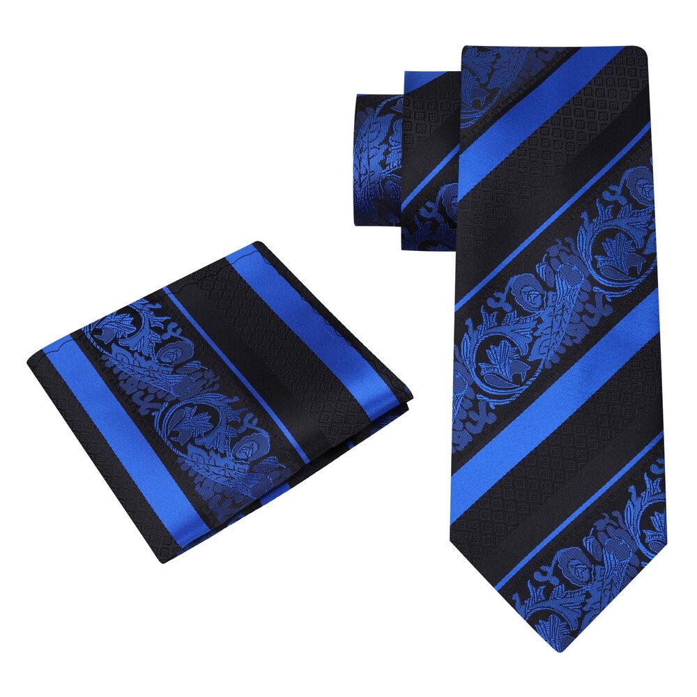 Alt View: Black, Blue Floral Tie and Pocket Square